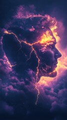 Aufkleber - Mystical profile of a man illuminated by vibrant clouds and lightning in a dreamlike atmosphere