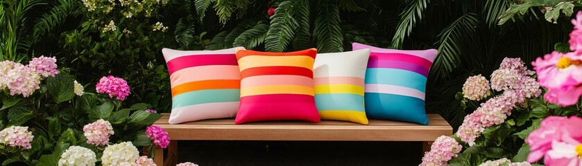 Wall Mural - Playful rainbow-striped pillows, arranged on a wooden bench surrounded by blooming flowers