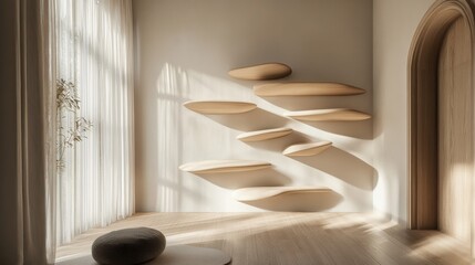 Aufkleber - Floating wall-mounted shelves enhance a serene hallway with natural light and minimal design
