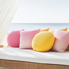 Wall Mural - Round ombre pillows transitioning from pink to yellow, on a sunny outdoor daybed