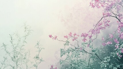 Poster - Soft watercolor transition with pale mint hues and delicate pink blossoms in a serene natural setting