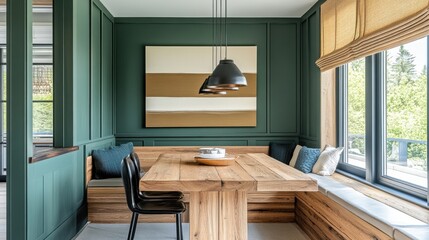 Wall Mural - Dining area featuring a forest-themed color palette with modern decor and cozy seating arrangement perfect for gatherings