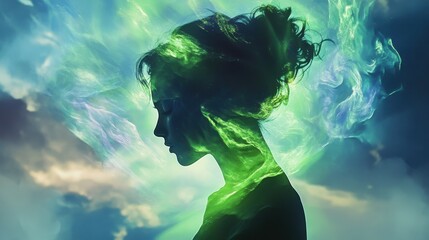 Poster - Visual representation of a glowing woman embodying ethereal energy amidst a dynamic sky at dusk
