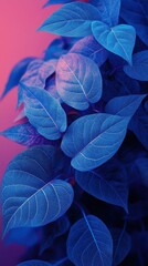 Poster - Cluster of neon blue leaves softly glowing in a twilight ambiance