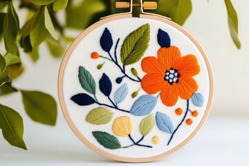 Sticker - Handmade crewel embroidery wall art showcasing intricate nature-inspired patterns in a wooden hoop with soft warm lighting