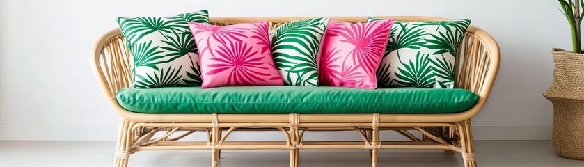 Tropical-patterned pillows in green and pink, styled on a bamboo sofa