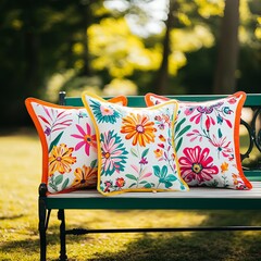 Wall Mural - Vibrant floral-print pillows arranged on a vintage garden bench under soft sunlight