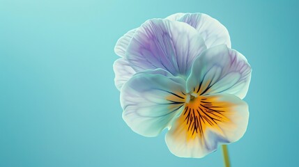 Wall Mural - A beautiful close-up of a pansy flower in full bloom against a blue background.