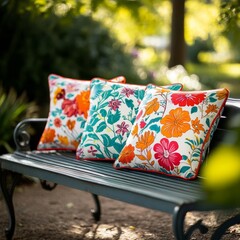 Wall Mural - Vibrant floral-print pillows arranged on a vintage garden bench under soft sunlight