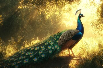 Poster - Majestic peacock displaying vibrant feathers in sunlight.