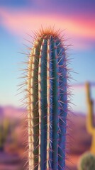 Poster - Close-up view of a cactus under a colorful sky in a desert landscape during sunset