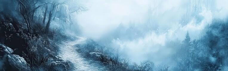 Poster - Winter landscape featuring a winding path through a foggy forest with snow-covered trees and a serene atmosphere in the early morning light