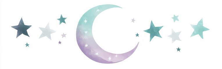 Leinwandbilder - Soft silhouette of a pastel moon surrounded by delicate stars in a dreamy sky setting
