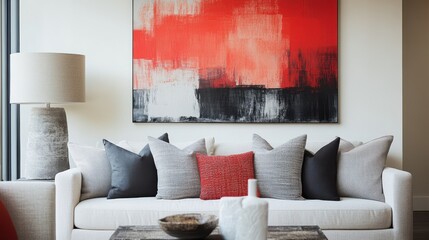 Wall Mural - Elegant coral and gray strokes create a striking focal point in a modern living room design