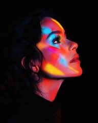 Poster - Artistic portrait capturing a woman with colorful light patterns illuminating her features at a creative studio setting