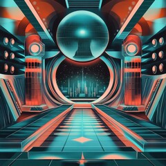 Poster - Futuristic spaceship interior features a large window to outer space