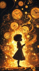 Poster - Visualization of a child glowing amidst swirling clocks and vibrant colors in a surreal setting