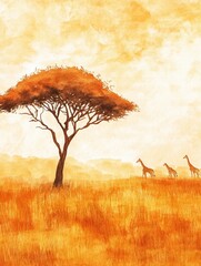 Poster - Giraffes grazing under a vibrant orange sky near a solitary tree in a serene landscape setting. Generative AI