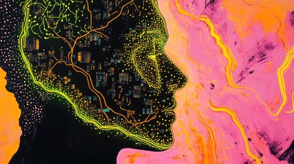 Leinwandbilder - Profile of a man with vibrant colors representing thoughts and emotions in an abstract design