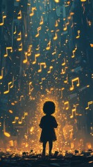 Poster - Surreal silhouette of a child surrounded by musical notes in a vibrant, colorful environment