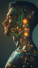 Aufkleber - Surreal representation of a glowing man with a digital circuit pattern in a futuristic setting