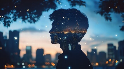 Fototapete - Surreal portrait capturing a man's silhouette intertwined with an urban night skyline