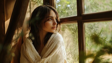 Poster - Young woman in serene setting gazing out the window during a tranquil afternoon moment