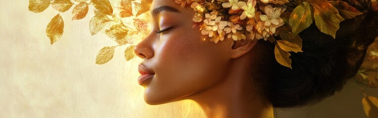 Poster - Portrait of a woman with a floral crown exuding calmness in a sunlit room