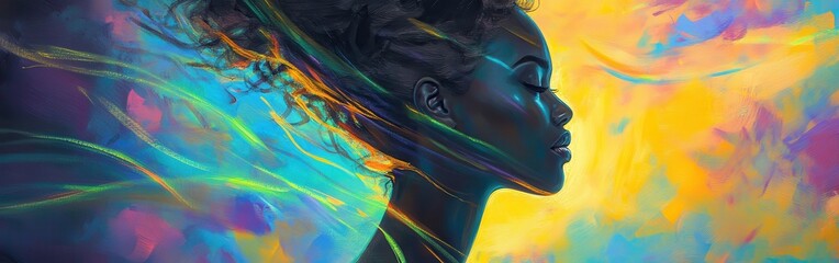Poster - Portrait of a radiant woman against a vibrant background showcasing her beauty and serenity