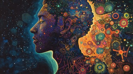Aufkleber - Mystical profile of a man filled with vibrant cosmic patterns and colors representing inner thoughts and dreams