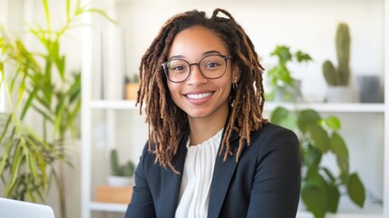 Poster - Cheerful office portrait of a woman with dreadlocks in a modern workspace surrounded by plants