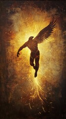 Leinwandbilder - Dynamic silhouette of a man soaring upward with vibrant light and wings against a textured golden backdrop