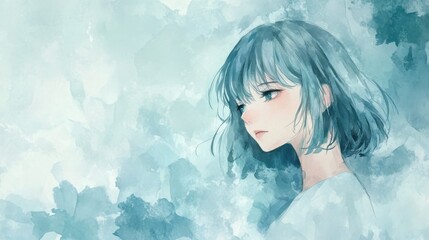 Fototapete - Cool-toned watercolor artwork depicting a young woman with short hair gazing thoughtfully into the distance