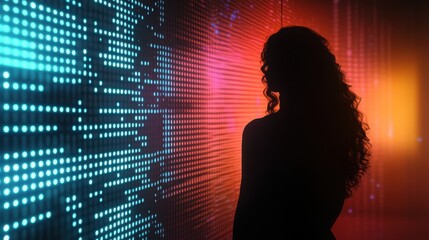 Poster - Woman glowing against a vibrant backdrop with dynamic light patterns in a modern setting