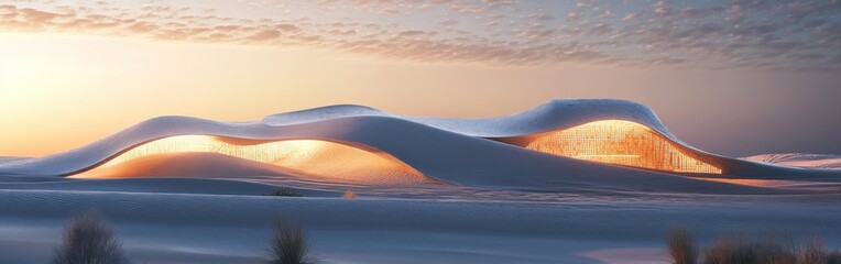 Poster - Glowing desert landscape with unique architectural design at dusk under a colorful sky