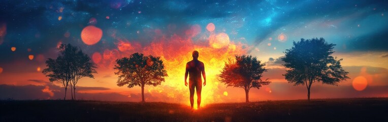Aufkleber - A silhouetted man glowing against a vibrant sunset with silhouettes of trees in a tranquil environment