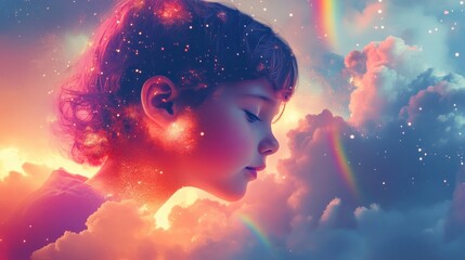 Aufkleber - Child glowing with ethereal light surrounded by vibrant clouds and rainbows at dusk