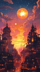 Wall Mural - Ornate fantasy city bathed in the glow of a giant sun