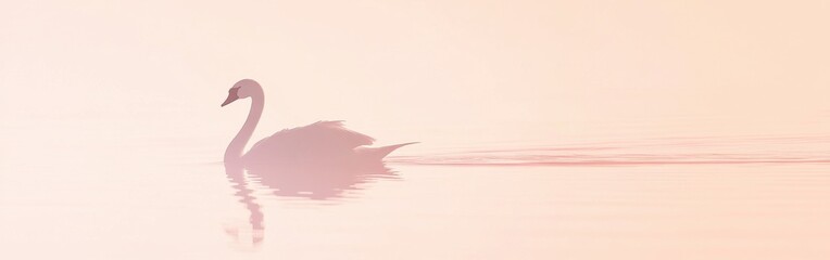 Poster - Elegant swan gliding across calm water at dawn with soft pastel colors reflecting on the surface