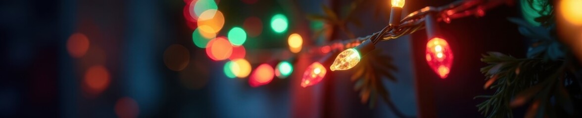 Poster - Out-of-focus string of colorful Xmas lights, festive ambiance, texture, dark