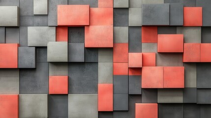 Aufkleber - Elegant arrangement of coral and gray squares creating a modern decorative pattern in a contemporary setting
