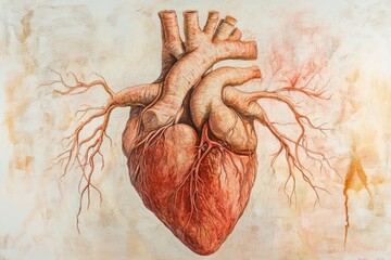 Poster - Detailed artistic representation of a human heart showing veins and arteries in a unique display of anatomy and emotion. Generative AI