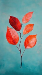 Poster - Bright red leaves with orange veins stand out against a soft blue background in autumn