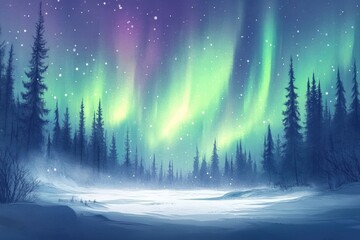 Aufkleber - Vibrant northern lights illuminate a snowy landscape in a tranquil winter night. Generative AI