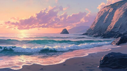 Aufkleber - Tranquil spring morning at a rocky seaside with gentle waves and pastel skies