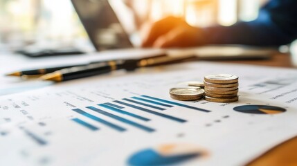 Aufkleber - Financial analysis tools laid out on a workspace with stacked coins and charts in a business setting