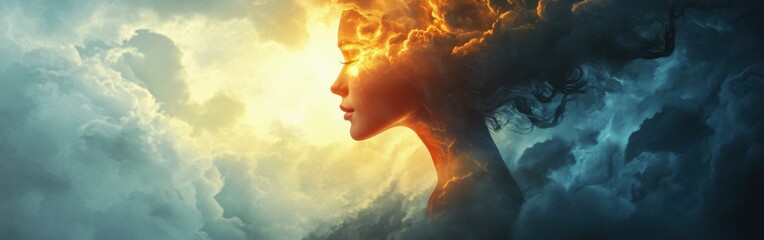 Aufkleber - Surreal representation of a glowing woman surrounded by vibrant clouds and light