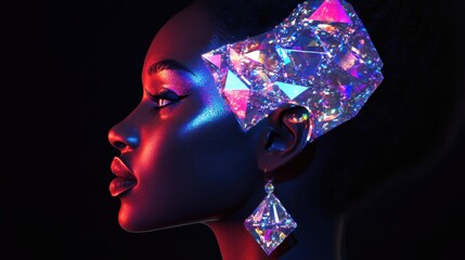 Fototapete - Surreal depiction of a glowing woman with crystal adornments in a vibrant, dark backdrop