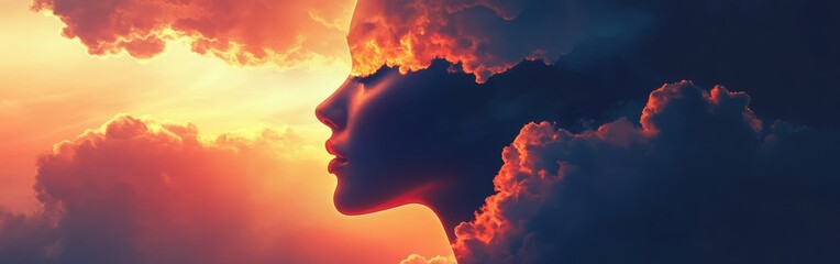 Poster - Surreal representation of a glowing woman surrounded by vibrant clouds at sunset