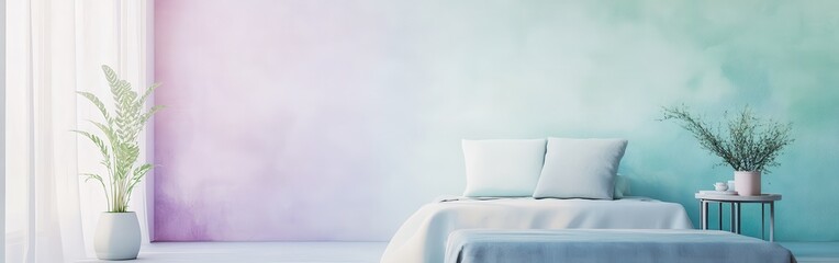 Aufkleber - Smooth concrete surface painted in pastel colors enhances the serene ambiance of the cozy bedroom setting